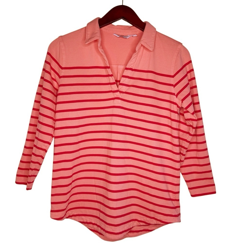 VINEYARD VINES V Neck Striped Polo Shirt Top Size Small in Coral and Pink Stripe